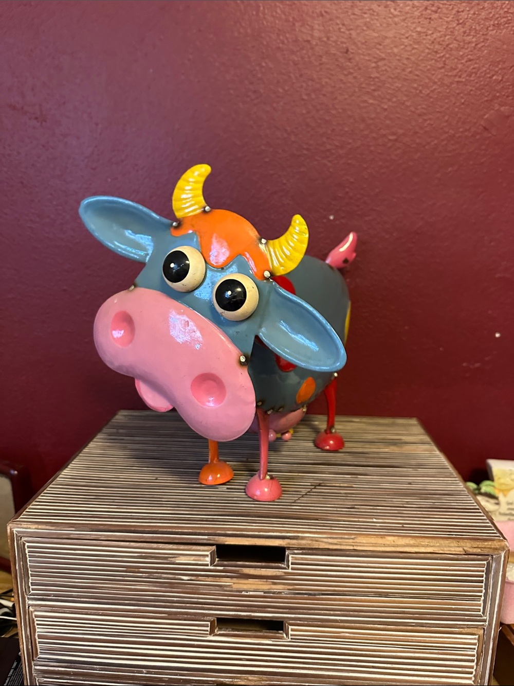 Colorful Metal Cow Figurine - Pink & Gray Decor
